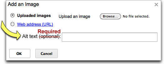 Screenshot: of the Google Sites Add an Image dialog window (annotated)