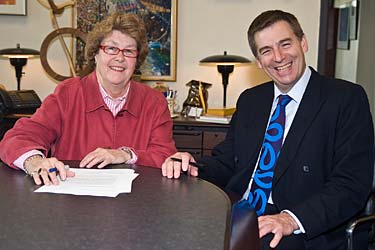 UMD Chancellor Kathryn A. Martin and University of Worcester Chief Executive David Green.