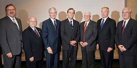 UMD Chancellor Lendley C Black (left) with SCSE Academy Members and Dean James P Riehl (right)