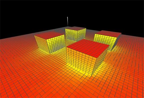 Image depicting the proportion of direct shortwave radiation from the sun in a test case with four buildings.  Computations are performed in near real-time using the graphics card's processing capabilities.