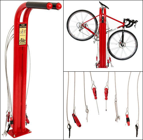 Detailed images of bicycle repair station and tools