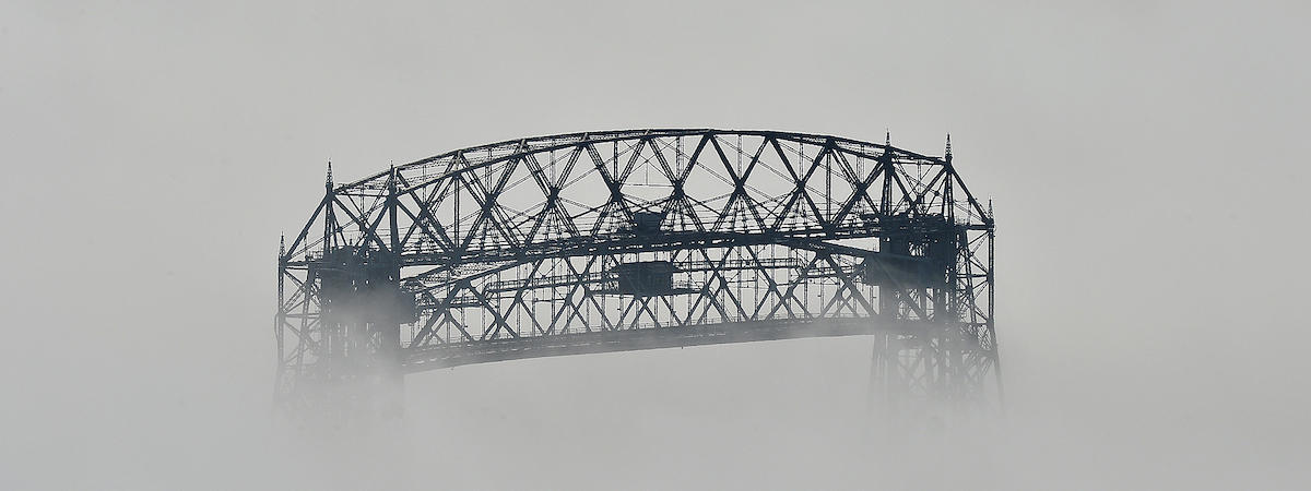 The Duluth lift bridge in the fog.