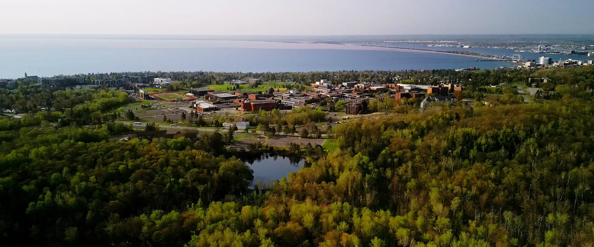 Aerial view of Duluth campus with Lake Superior in background