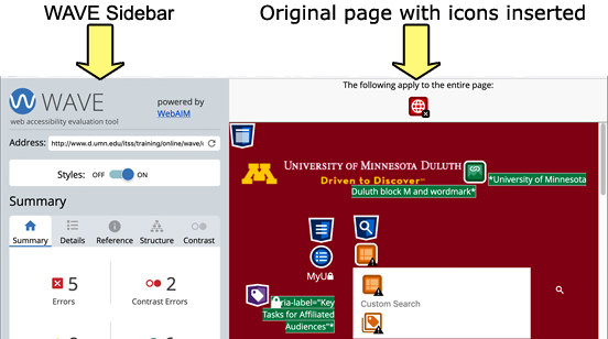 Screenshot: 2 Main Areas. 1. WAVE sidebar. 2. Original page with icons inserted.