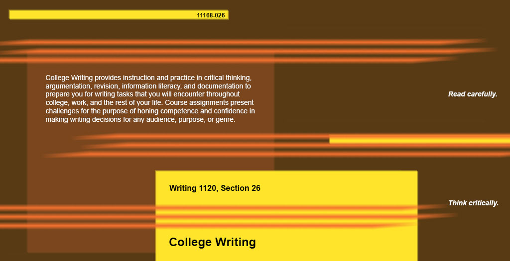 Splash page for Writing 1120, Section 26, College Writing, taught by John D. Schwetman